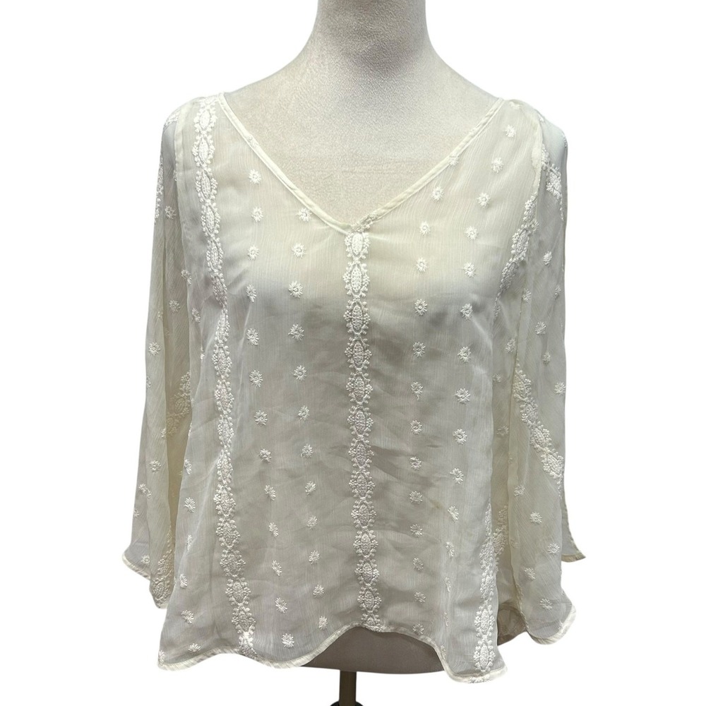Jennifer Lopez Sheer Embroidered Blouse XS White Romantic Boho Ethereal Feminine